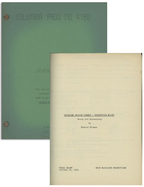 Moe Howards 27pp. Script Dated October 1951 for The Three Stooges Film Listen, Judge -- With 6 Extra Pages of Shot Lists & Call Sheets -- Very Good Plus Condition